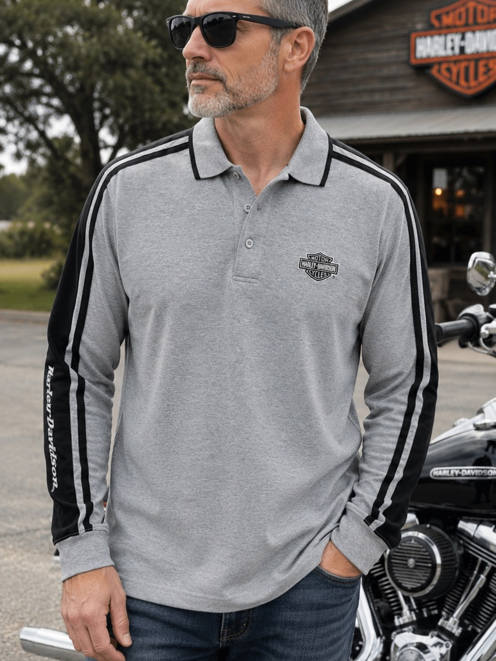 Harley-Davidson NWT Gray and Black Long Sleeve Polo Large